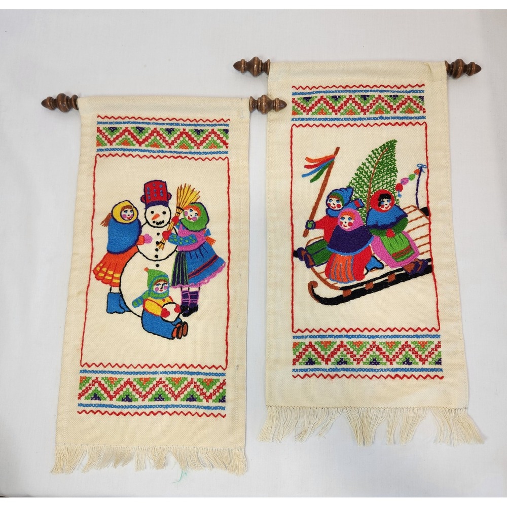Vintage Hand‎ Embroidered Winter Wall Hangings Set 2 Snowman Sledding Folk Art